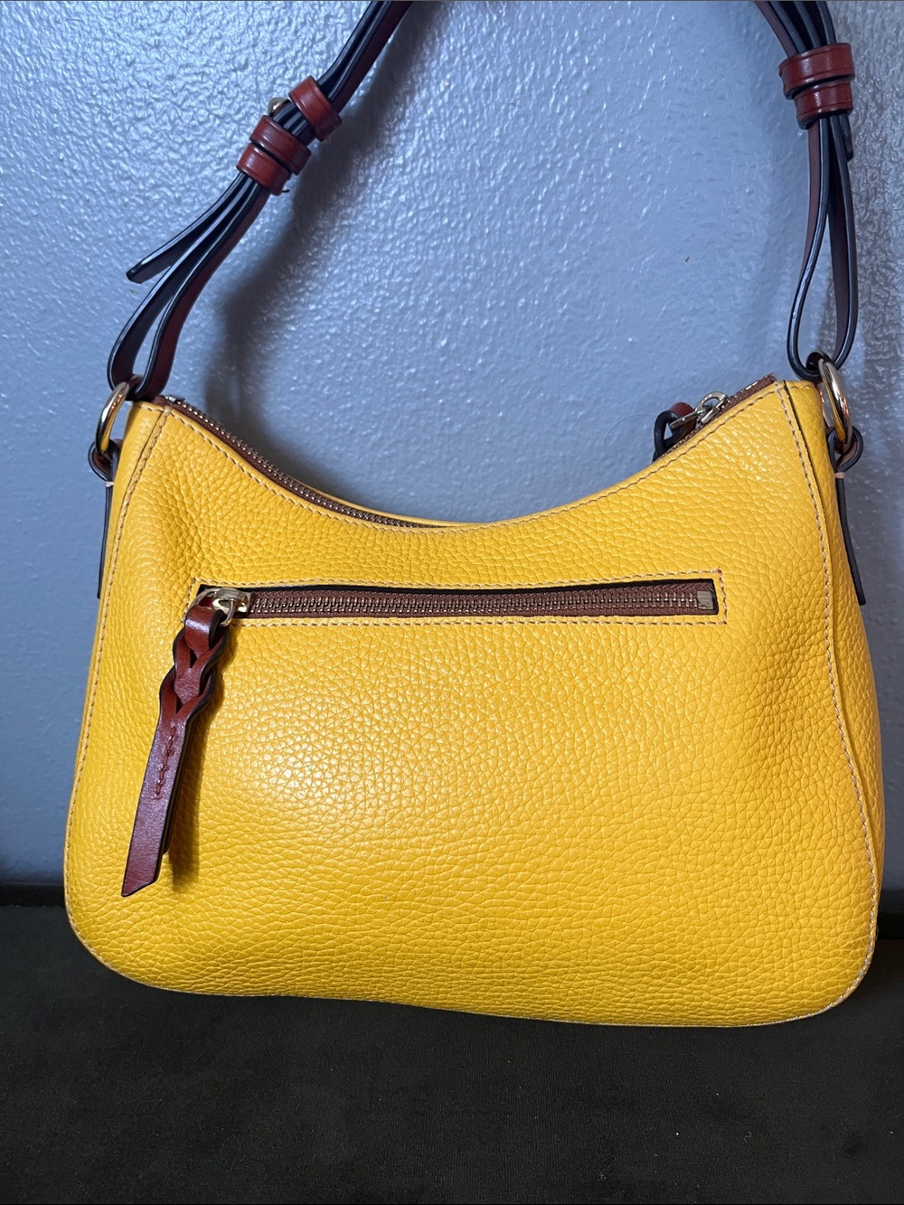 Dooney & Bourke Yellow Pebbled Leather Shoulder Bag with Brown Trim - Picture 5 of 15